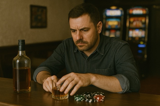 Concerned man at a table with unbranded alcohol and poker chips, considering alcohol-gambling-addiction support.